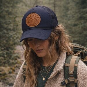 Stalyon Navy Snap-Back Trucker Hat W/ Embossed Leather Patch | Gorpcore Outdoor